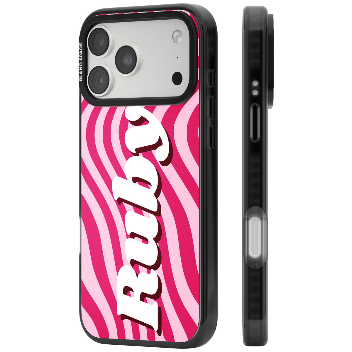 Personalised Groovy Name retro iPhone case featuring wavy pink stripes and bold custom name lettering with shadow iPhone 18 Pro Max Impact Pro Black Phone Case side