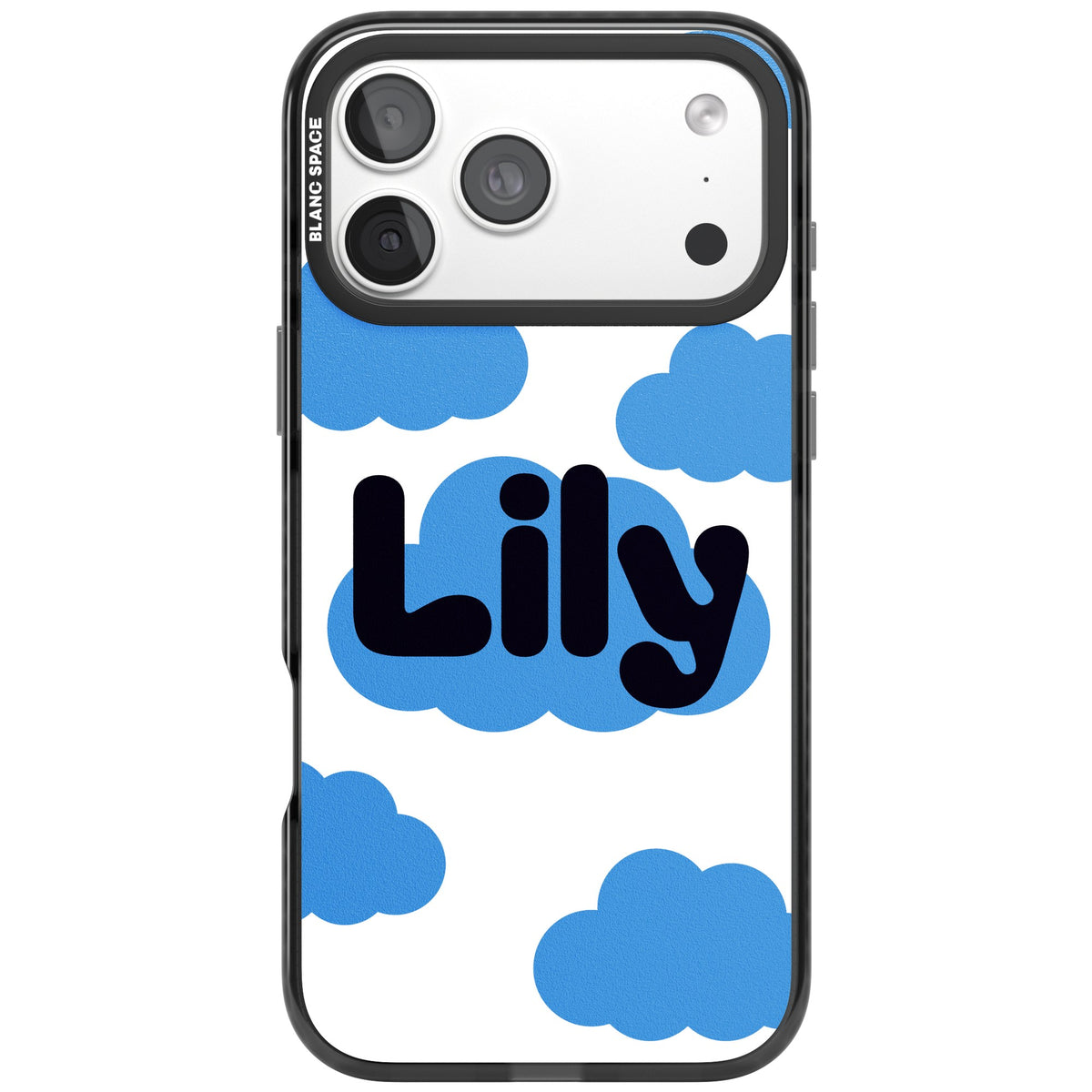 Personalised Bubble Name kawaii iPhone case featuring custom bubble lettering on a blue cloud with fluffy sky clouds iPhone 18 Pro Max Impact Pro Black Phone Case front