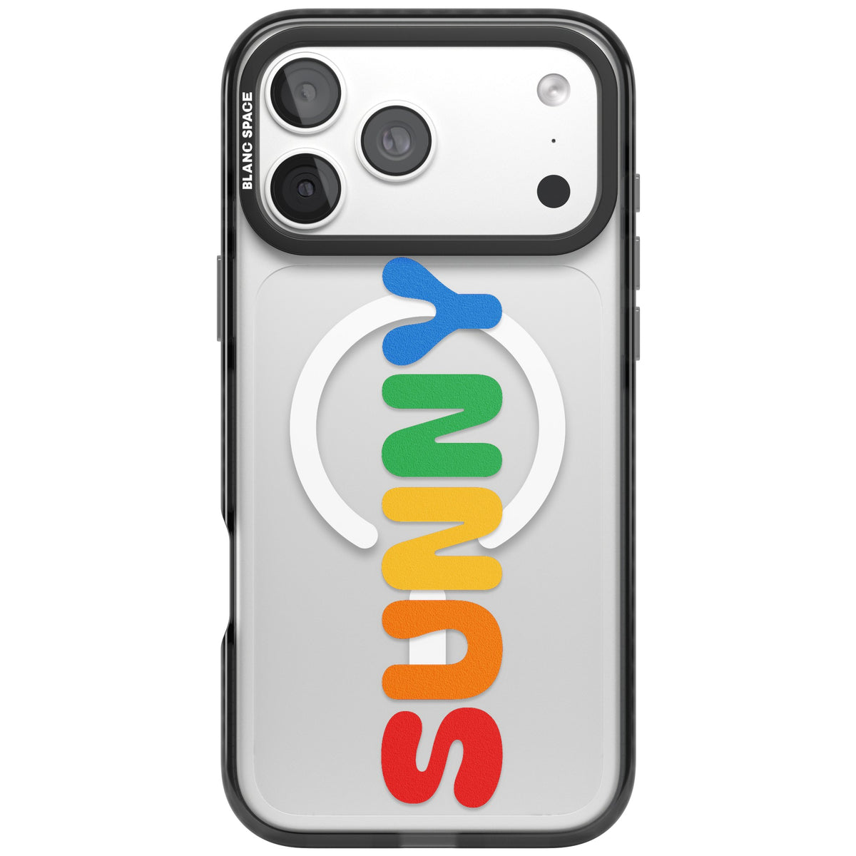Personalised Rainbow Name custom iPhone case featuring bubbly rainbow letters running vertically on a clear case iPhone 18 Pro Max Impact Pro Black Phone Case front