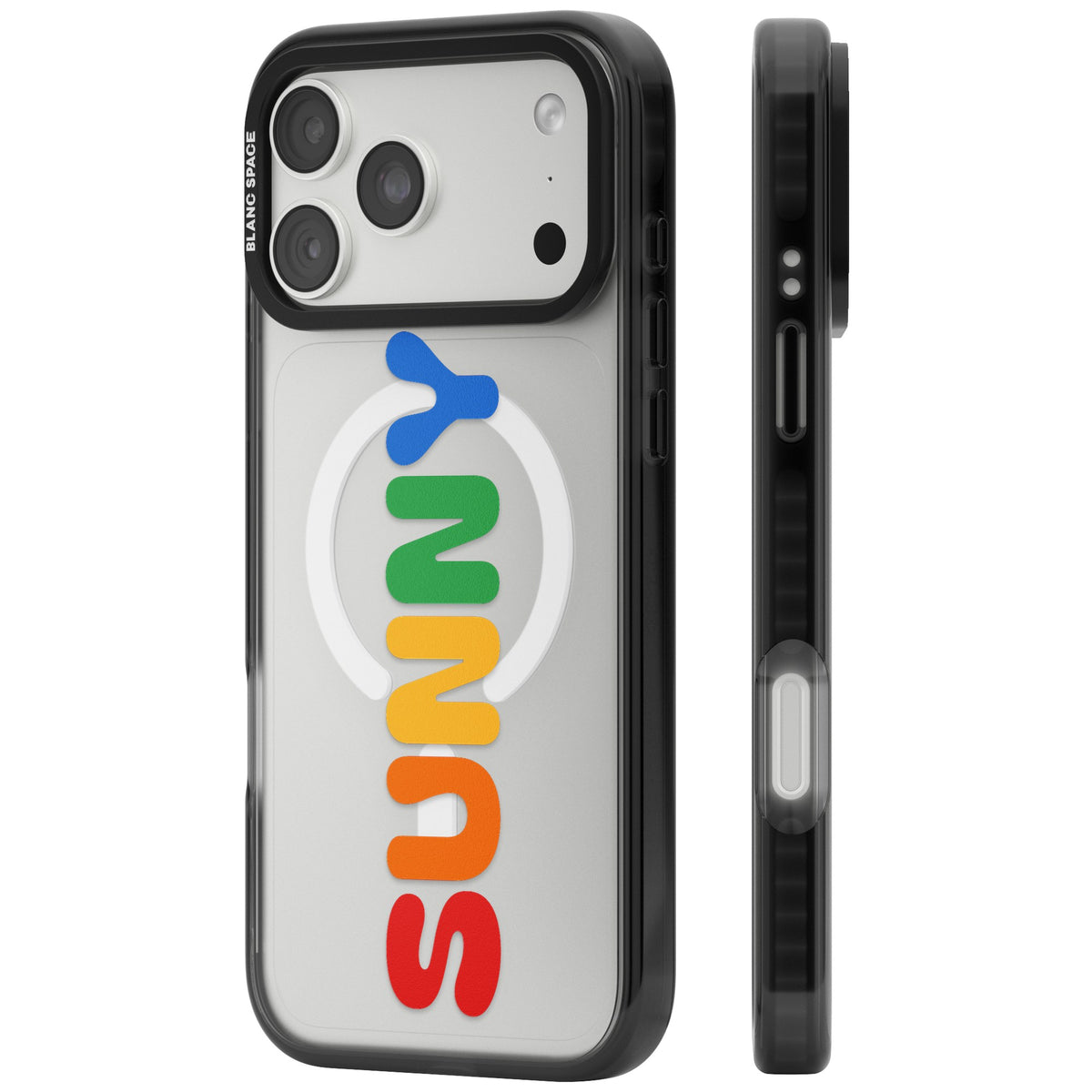 Personalised Rainbow Name custom iPhone case featuring bubbly rainbow letters running vertically on a clear case iPhone 18 Pro Max Impact Pro Black Phone Case side