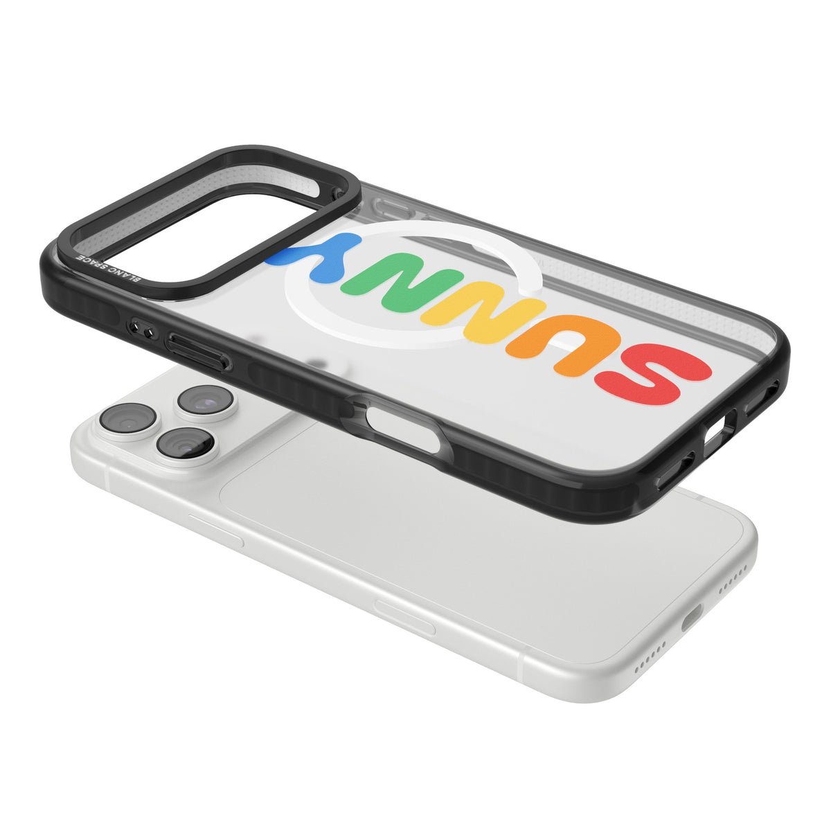 Personalised Rainbow Name custom iPhone case featuring bubbly rainbow letters running vertically on a clear case iPhone 18 Pro Max Impact Pro Black Phone Case angled