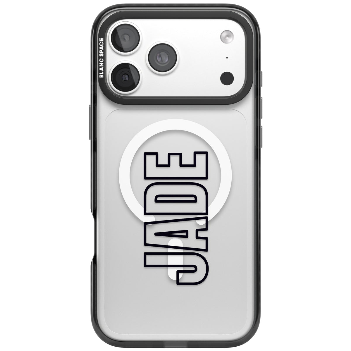 Personalised Outline Name custom iPhone case featuring bold outline block lettering of a name on a clear case iPhone 18 Pro Max Impact Pro Black Phone Case front