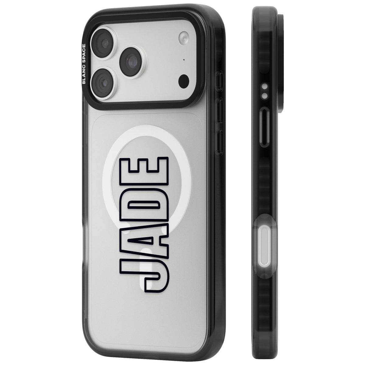 Personalised Outline Name custom iPhone case featuring bold outline block lettering of a name on a clear case iPhone 18 Pro Max Impact Pro Black Phone Case side