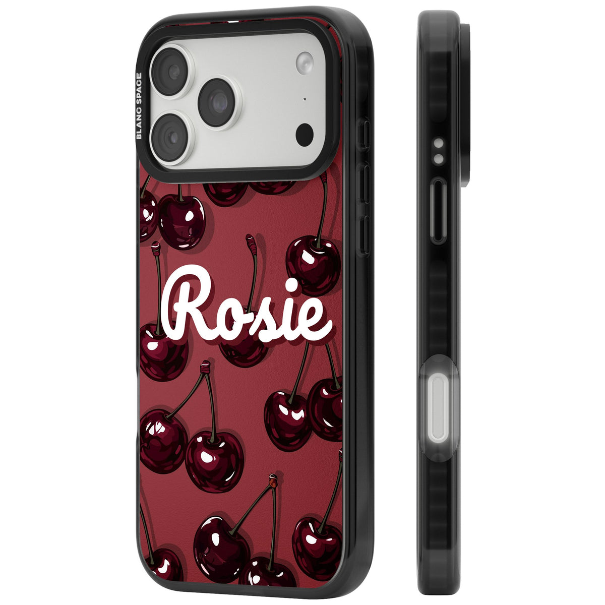 Personalised Cherry Rebel Name coquette iPhone case featuring glossy dark cherries, cherry red backdrop and a custom name iPhone 18 Pro Max Impact Pro Black Phone Case side