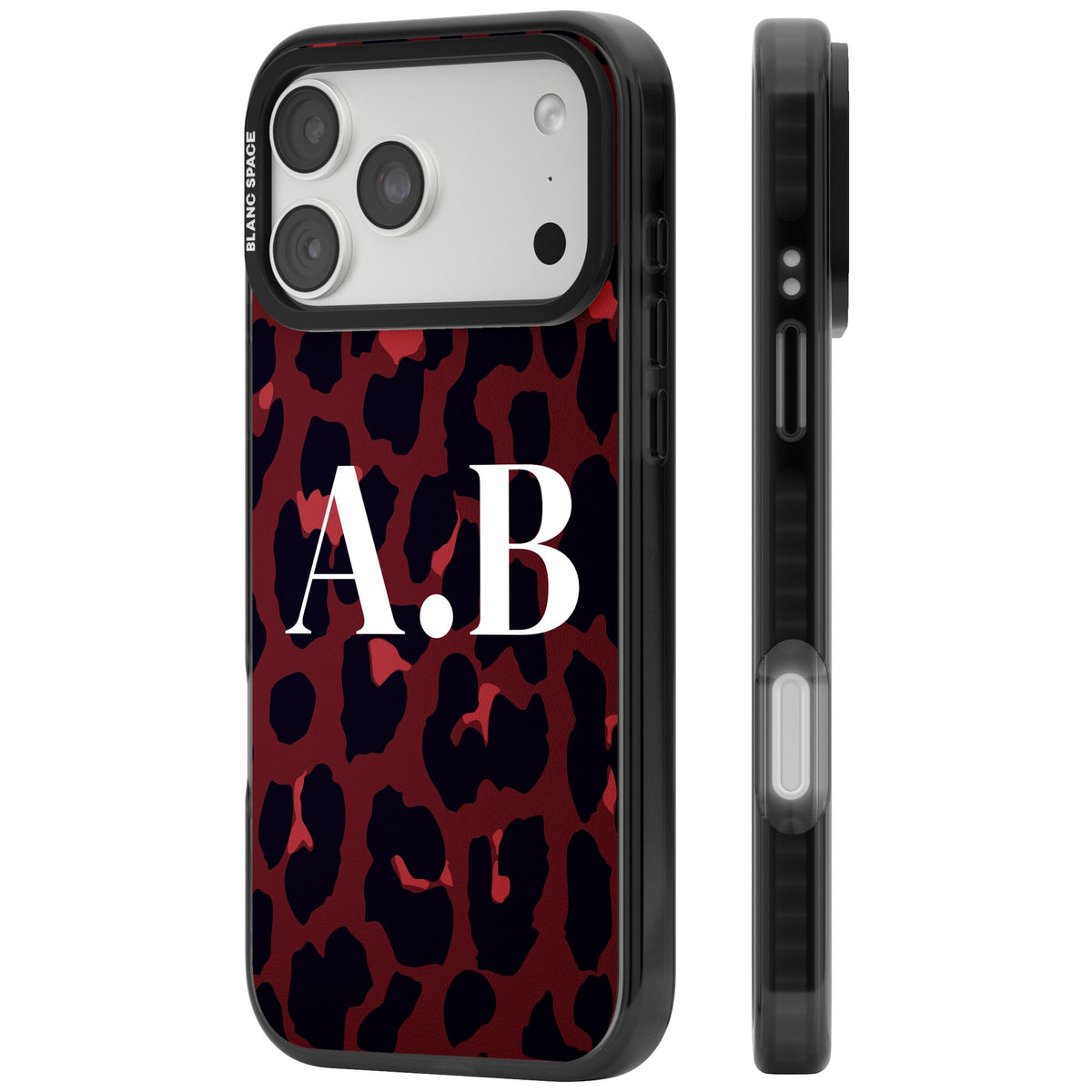 Personalised Burgundy Leopard Initials baddie iPhone case featuring black spots, red highlights and custom initials iPhone 18 Pro Max Impact Pro Black Phone Case side