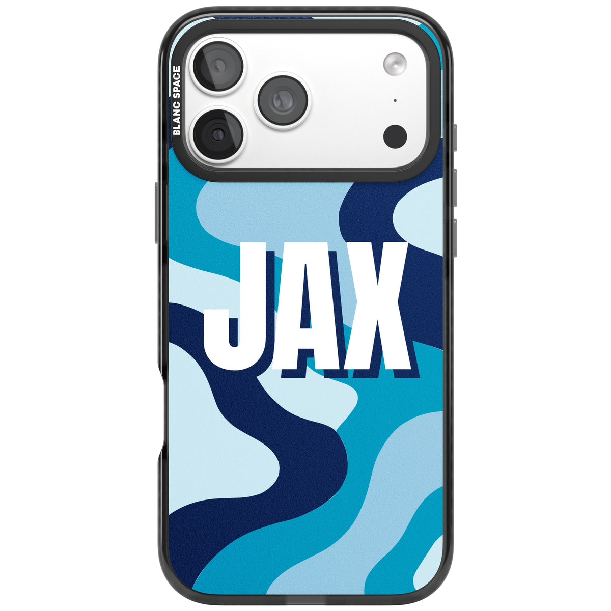 Personalised Camo Name custom iPhone case featuring wavy blue camouflage, navy and teal tones and a bold personalised name iPhone 18 Pro Max Impact Pro Black Phone Case front