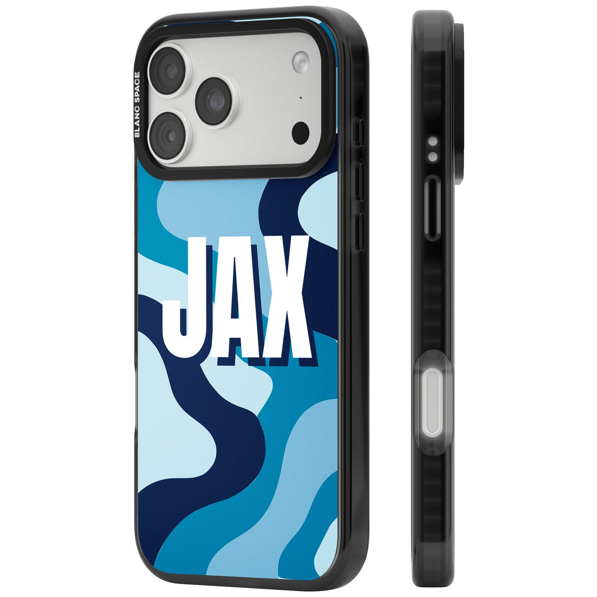 Personalised Camo Name custom iPhone case featuring wavy blue camouflage, navy and teal tones and a bold personalised name iPhone 18 Pro Max Impact Pro Black Phone Case side