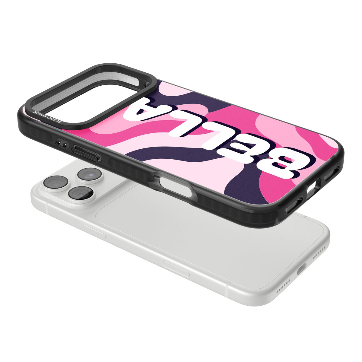 Personalised Pink Camo Name Y2K iPhone case featuring pink and black camouflage with a custom name in bold white letters iPhone 18 Pro Max Impact Pro Black Phone Case angled