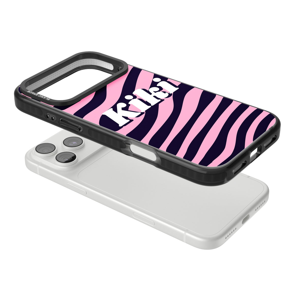 Personalised Zebra Name Y2K iPhone case featuring pink and black zebra print and a custom name in bold retro font iPhone 18 Pro Max Impact Pro Black Phone Case angled