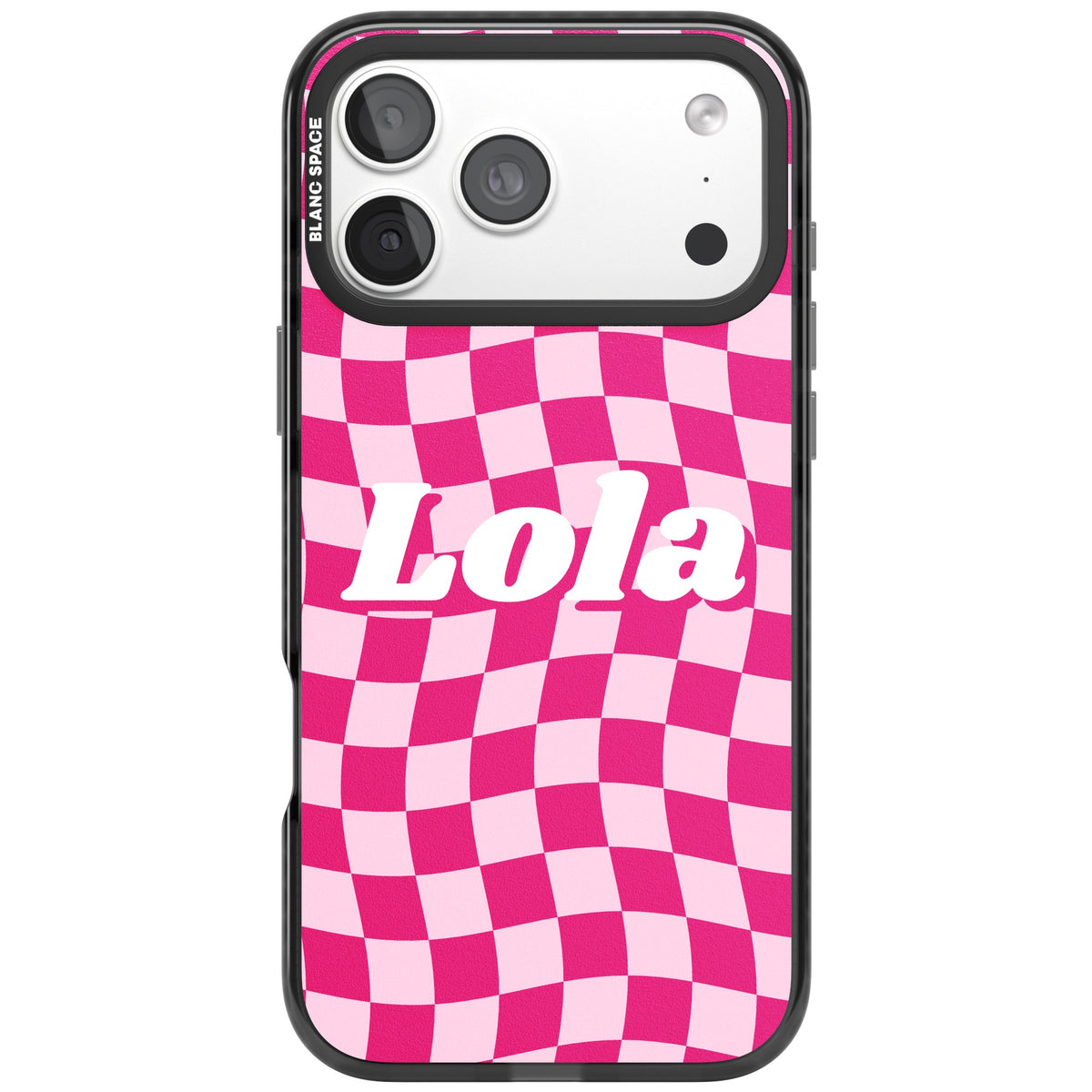 Personalised Wavy Check Name custom iPhone case featuring pink wavy checkerboard and a bold personalised name iPhone 18 Pro Max Impact Pro Black Phone Case front