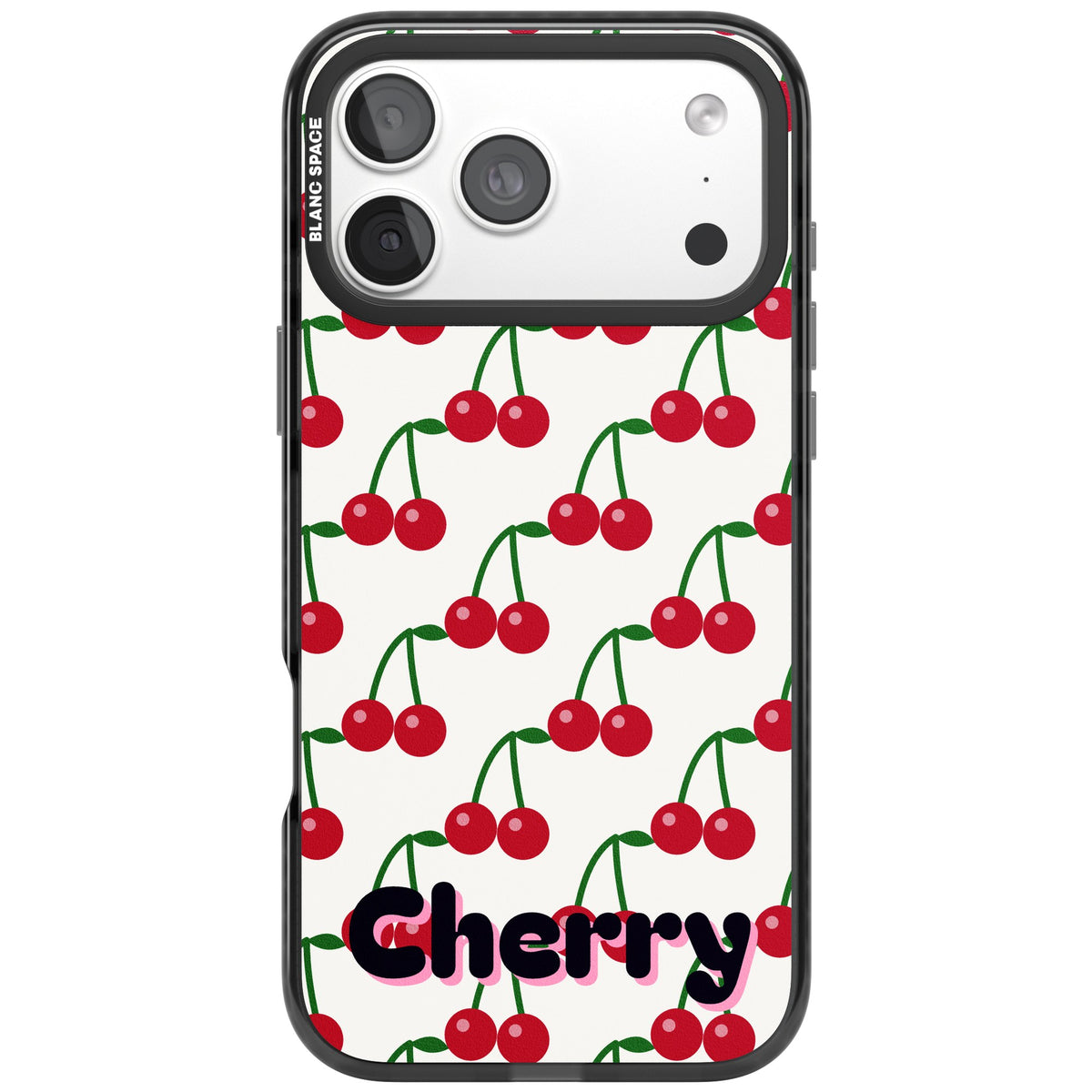 Personalised Cherry Name coquette iPhone case featuring red cherries, green stems and a custom name iPhone 18 Pro Max Impact Pro Black Phone Case front