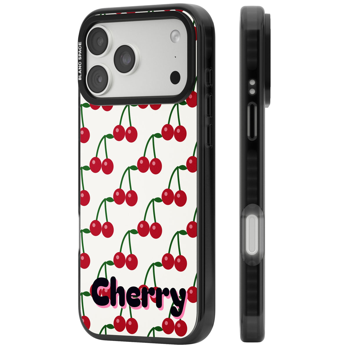 Personalised Cherry Name coquette iPhone case featuring red cherries, green stems and a custom name iPhone 18 Pro Max Impact Pro Black Phone Case side