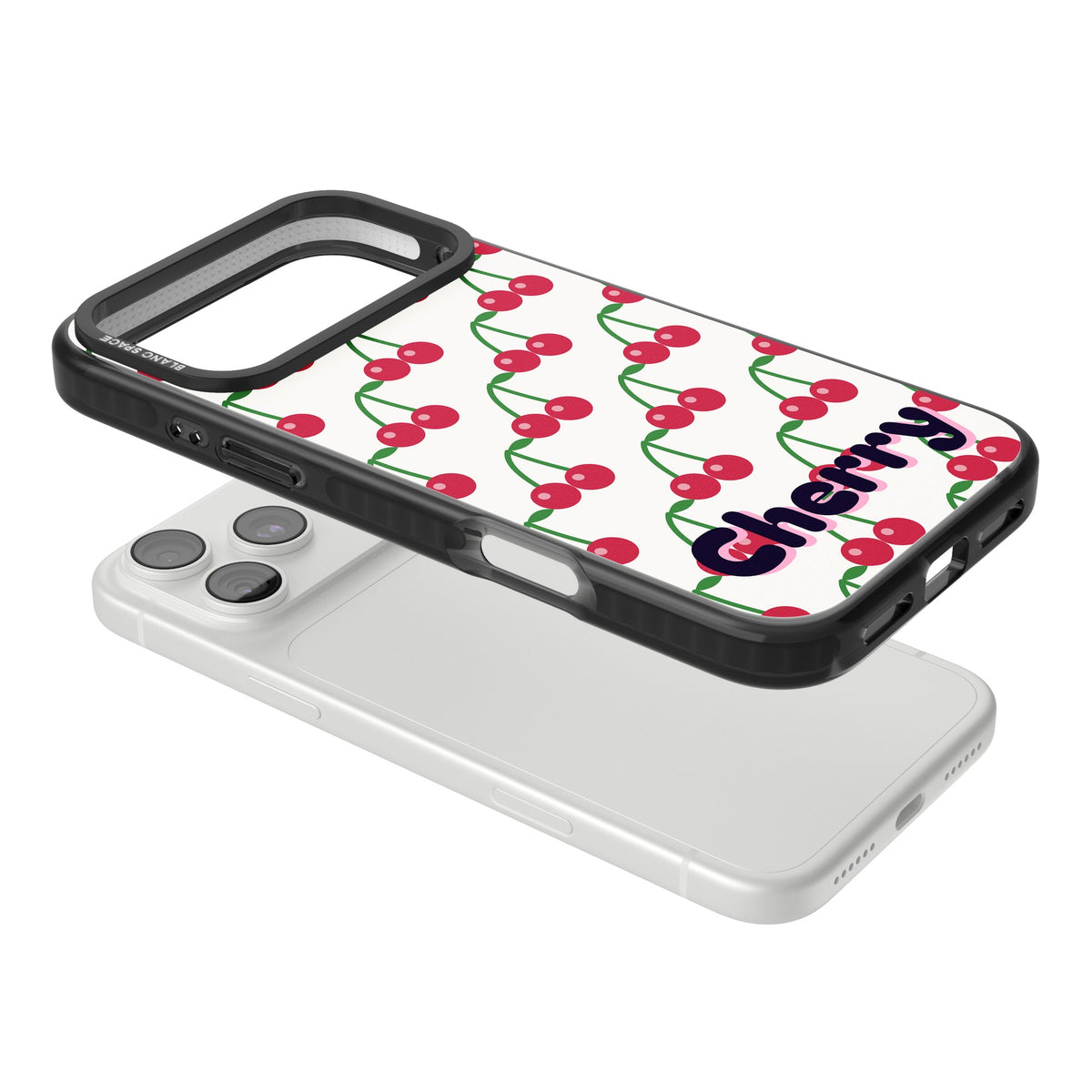 Personalised Cherry Name coquette iPhone case featuring red cherries, green stems and a custom name iPhone 18 Pro Max Impact Pro Black Phone Case angled