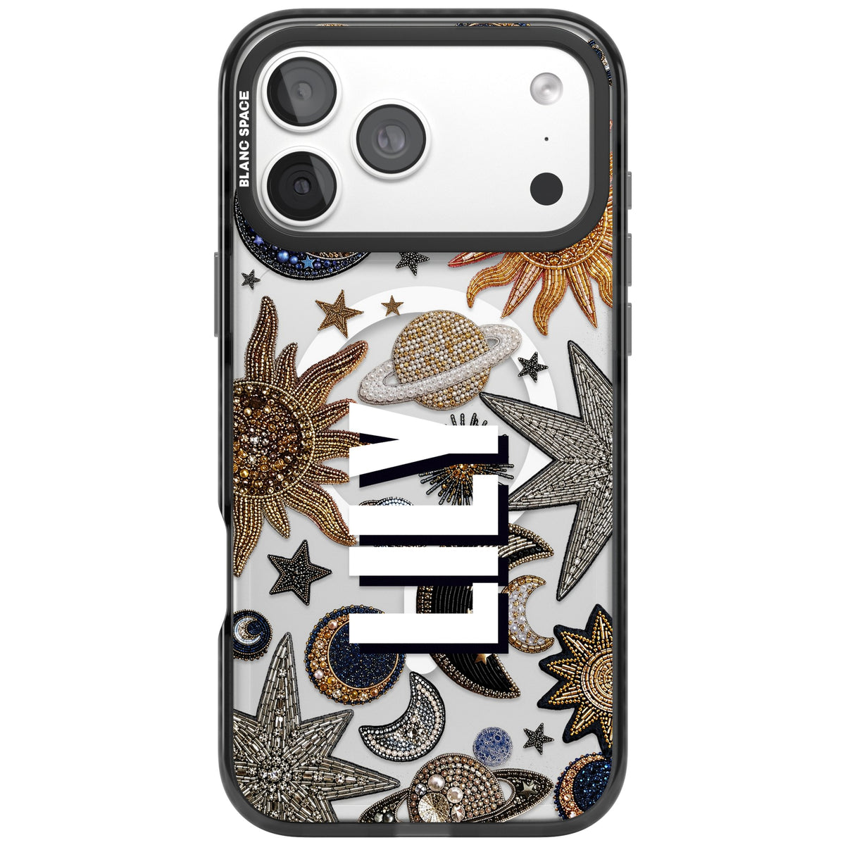 Personalised Beaded Name celestial iPhone case featuring beaded gold suns, pearl Saturn planets and embroidered moons iPhone 18 Pro Max Impact Pro Black Phone Case front