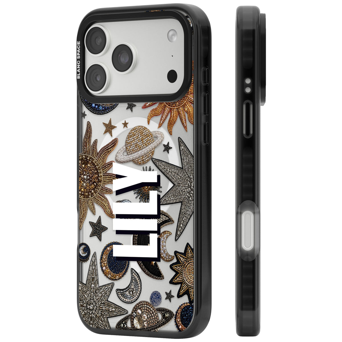 Personalised Beaded Name celestial iPhone case featuring beaded gold suns, pearl Saturn planets and embroidered moons iPhone 18 Pro Max Impact Pro Black Phone Case side