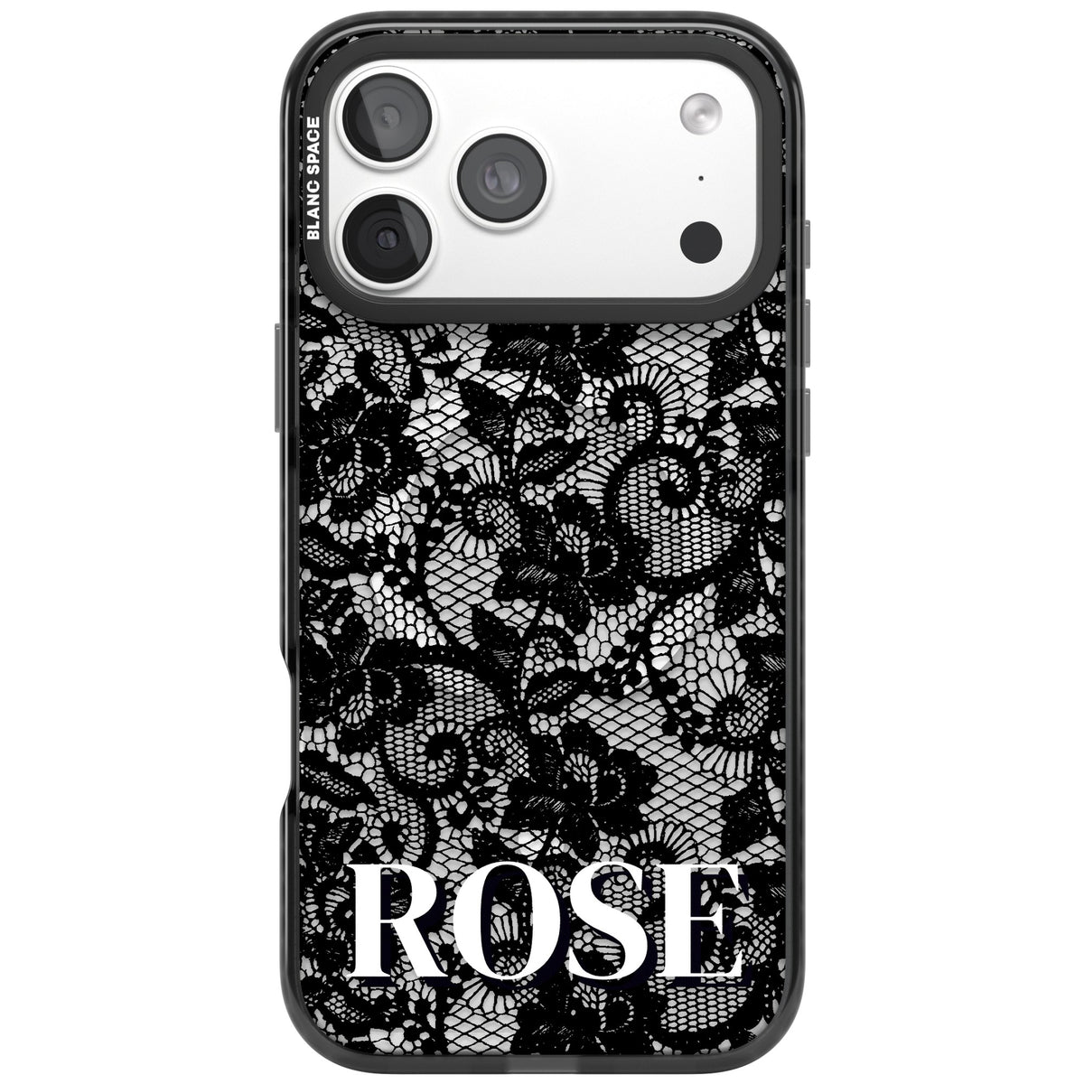 Personalised Black Lace Name gothic iPhone case featuring black floral lace, scalloped swirls and a custom name iPhone 18 Pro Max Impact Pro Black Phone Case front