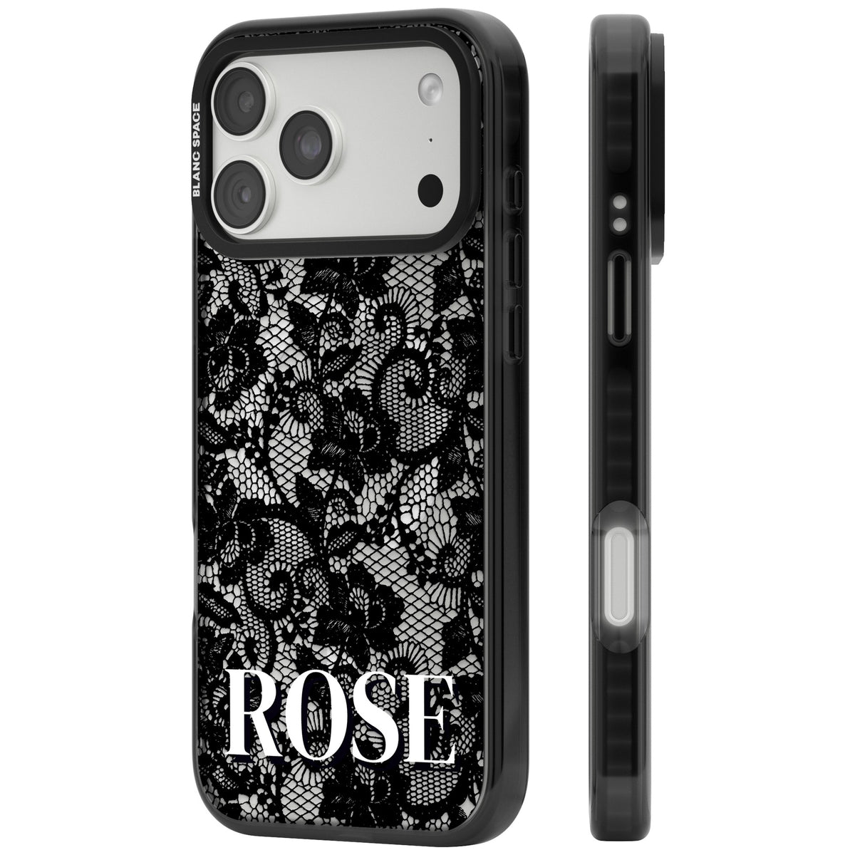 Personalised Black Lace Name gothic iPhone case featuring black floral lace, scalloped swirls and a custom name iPhone 18 Pro Max Impact Pro Black Phone Case side