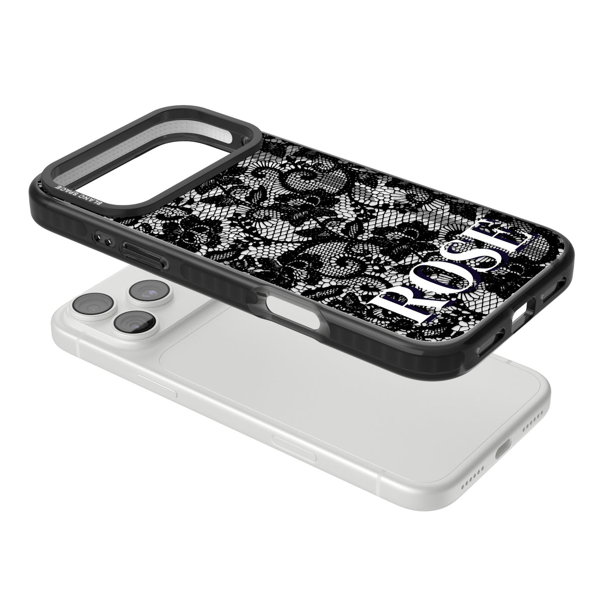 Personalised Black Lace Name gothic iPhone case featuring black floral lace, scalloped swirls and a custom name iPhone 18 Pro Max Impact Pro Black Phone Case angled