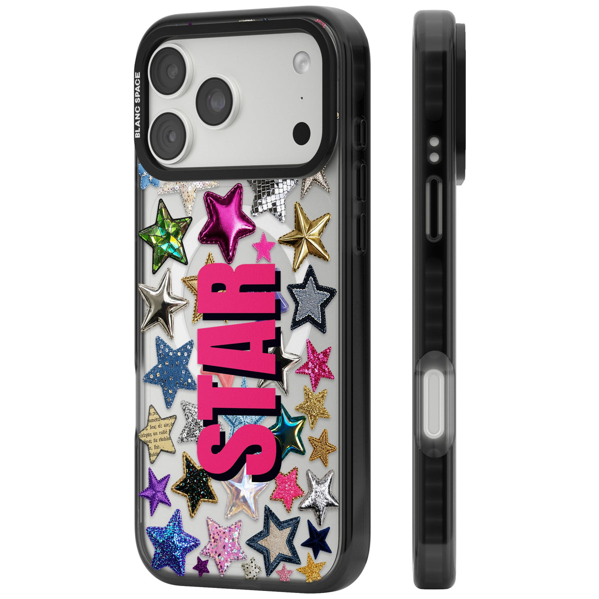 Personalised Star Mix Name Y2K iPhone case featuring glitter star patches, metallic puffy stars and custom name text iPhone 18 Pro Max Impact Pro Black Phone Case side