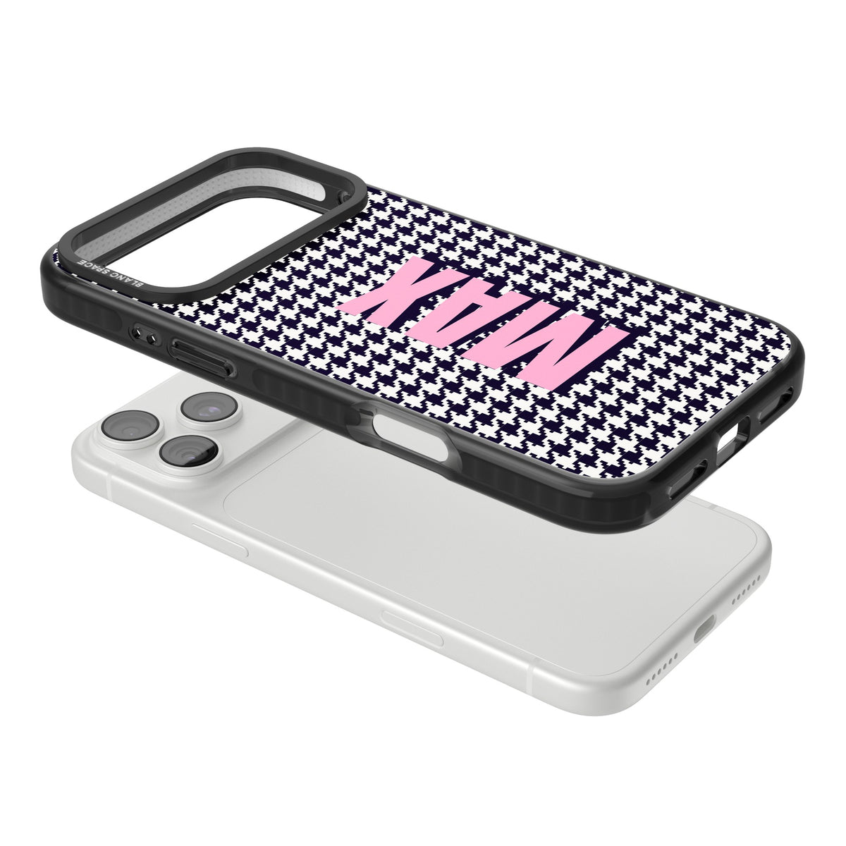 Personalised Houndstooth Name preppy iPhone case featuring black and white houndstooth check and a custom bold name iPhone 18 Pro Max Impact Pro Black Phone Case angled