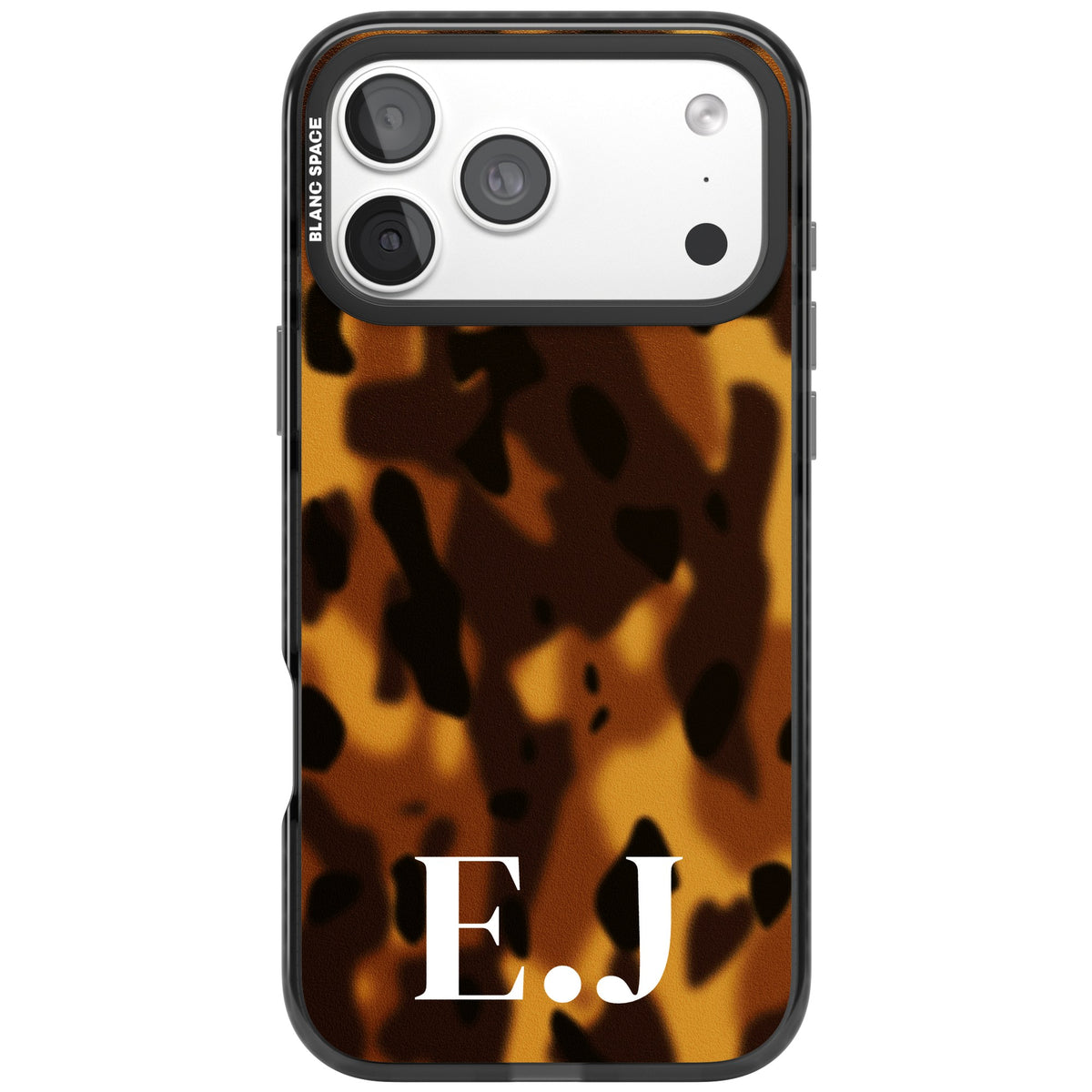 Personalised Tortoiseshell Initials old money iPhone case featuring amber tortoise shell print and a custom monogram iPhone 18 Pro Max Impact Pro Black Phone Case front