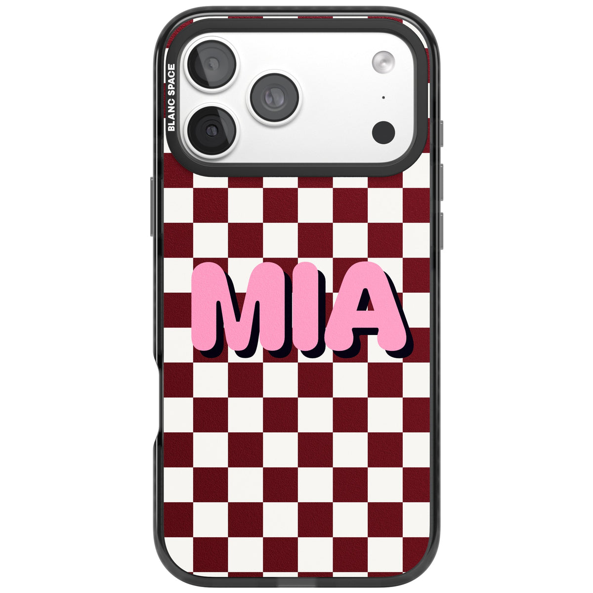 Personalised Burgundy Checker Name retro iPhone case featuring a burgundy and cream checkerboard with custom name text iPhone 18 Pro Max Impact Pro Black Phone Case front