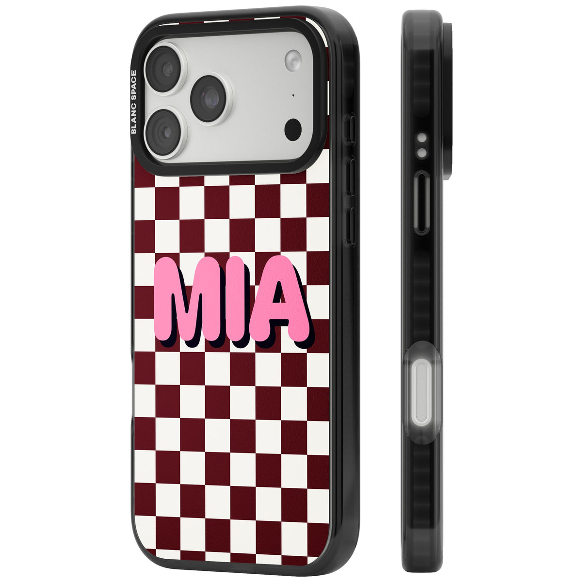 Personalised Burgundy Checker Name retro iPhone case featuring a burgundy and cream checkerboard with custom name text iPhone 18 Pro Max Impact Pro Black Phone Case side
