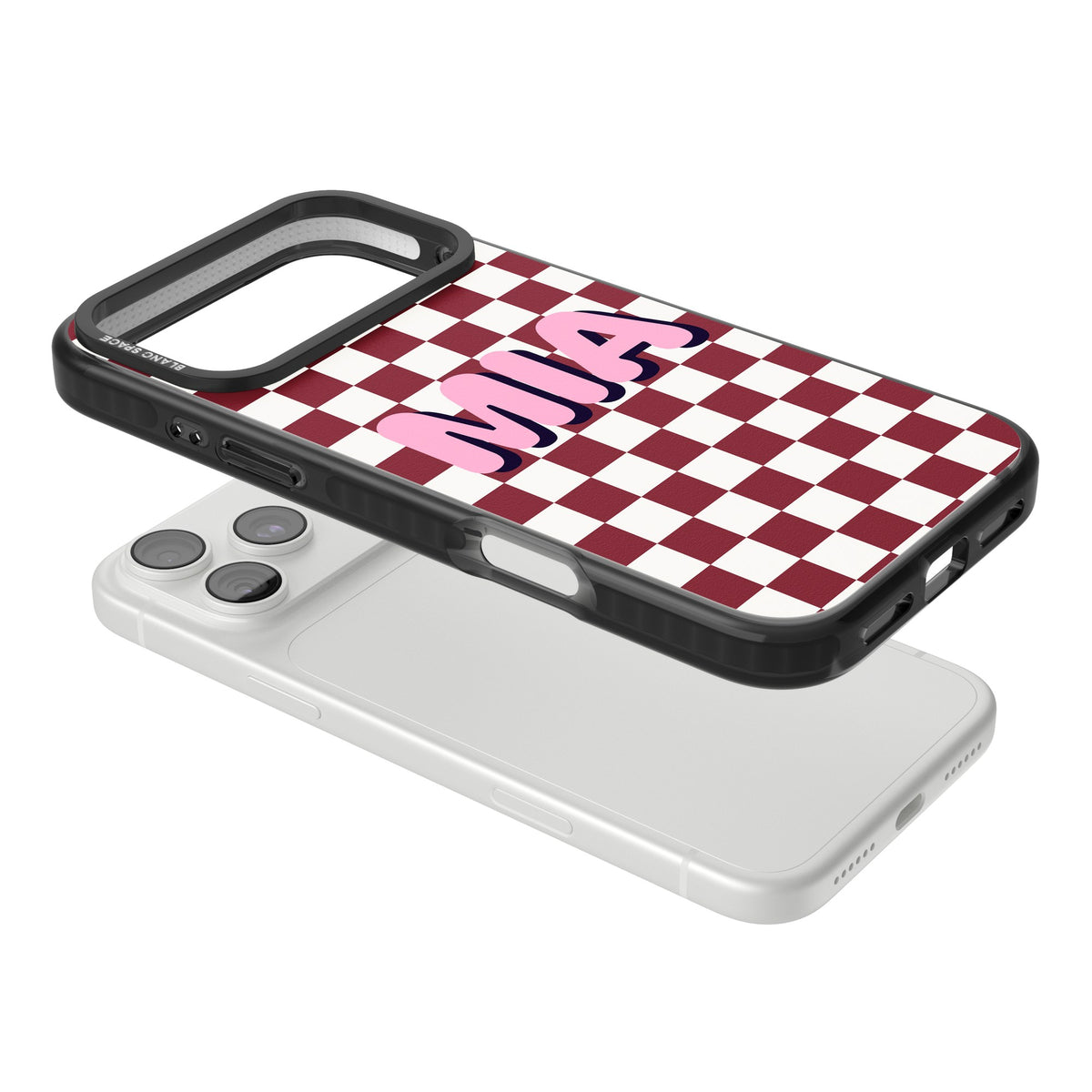 Personalised Burgundy Checker Name retro iPhone case featuring a burgundy and cream checkerboard with custom name text iPhone 18 Pro Max Impact Pro Black Phone Case angled