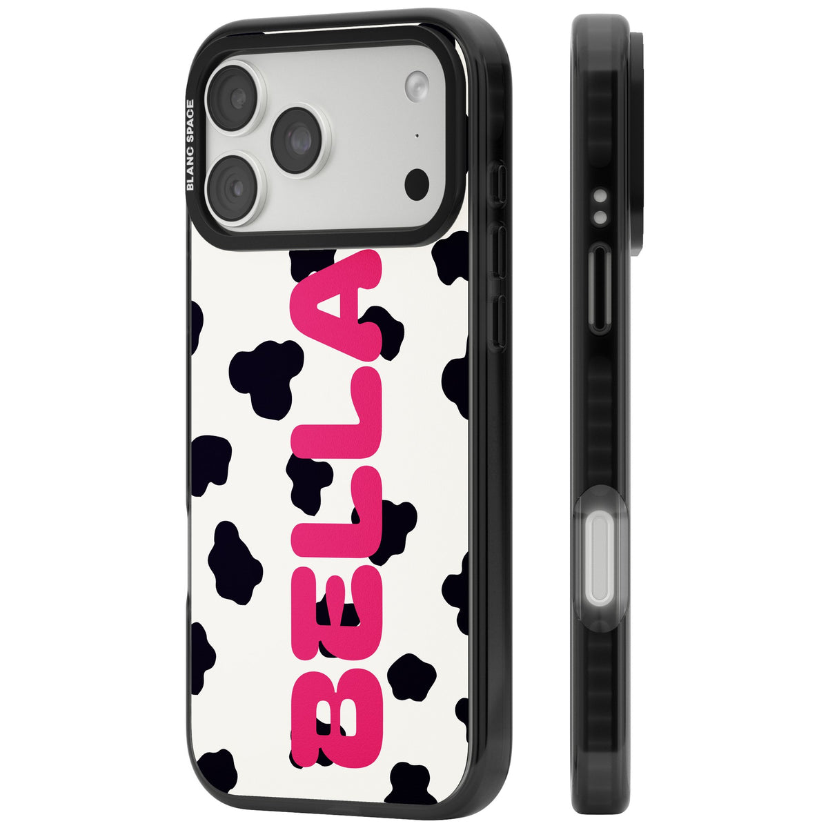 Personalised Cow Print Name custom iPhone case featuring black cow spots, cream background and bold vertical name lettering iPhone 18 Pro Max Impact Pro Black Phone Case side
