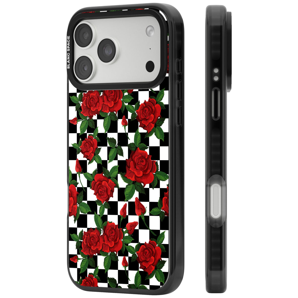 Checkered Roses iPhone 18 Pro Max Impact Pro Black Phone Case side