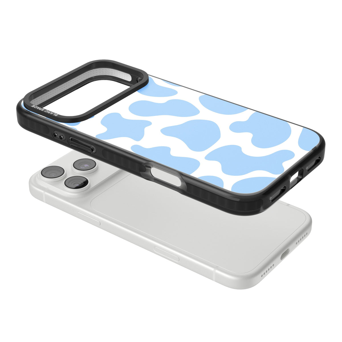 Blue And White Cow Print iPhone 18 Pro Max Impact Pro Black Phone Case angled