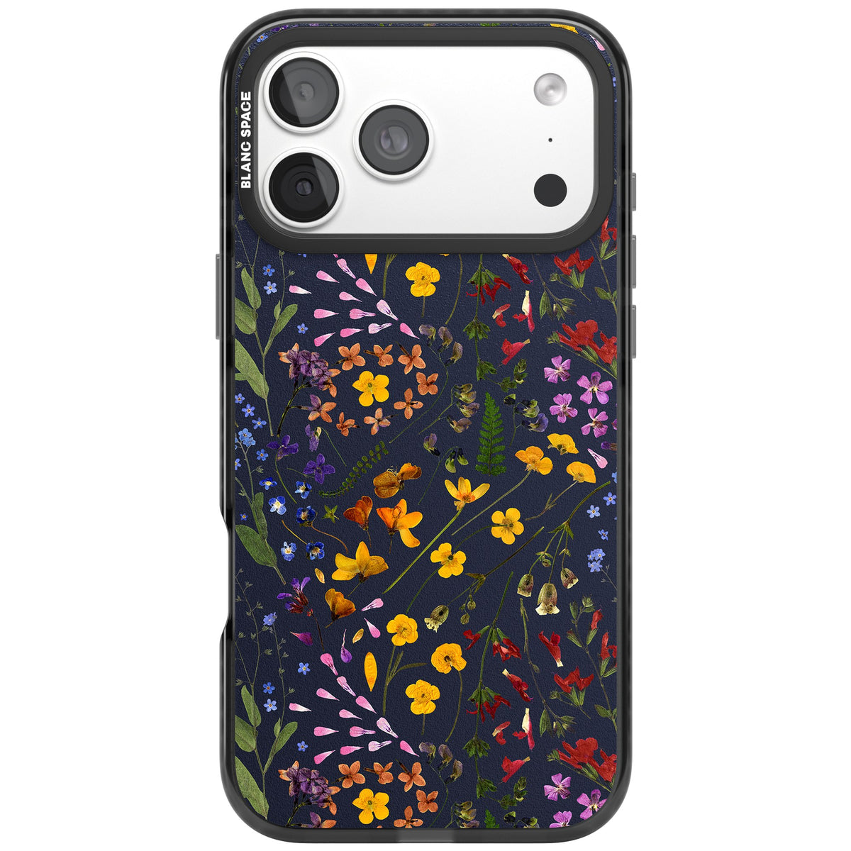 Wildflowers & Leaves In Navy iPhone 18 Pro Max Impact Pro Black Phone Case front