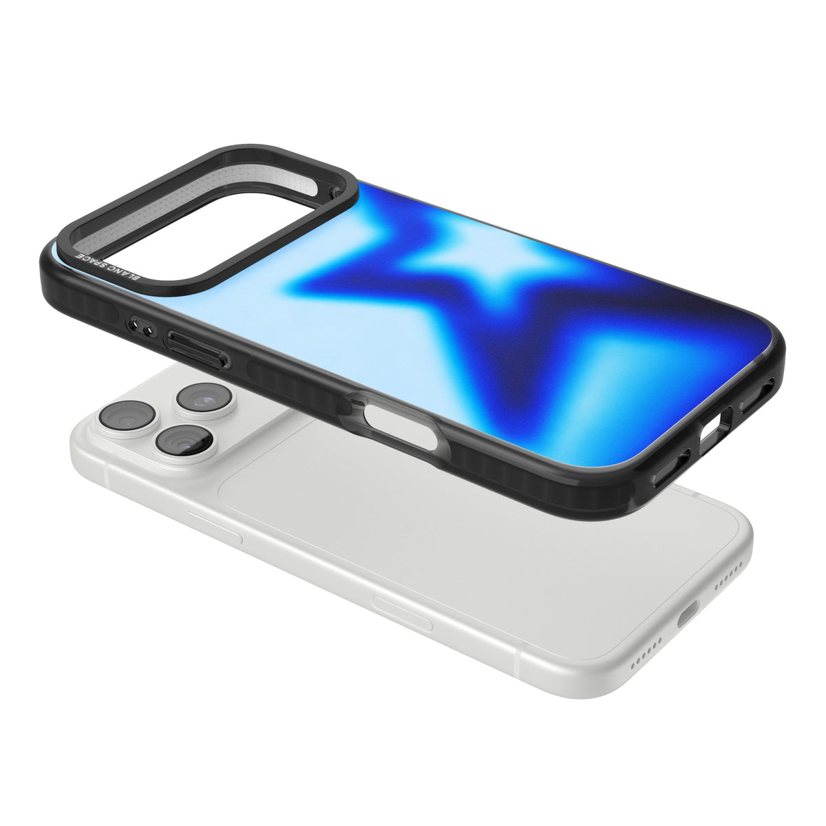 Electric Y2K iPhone case featuring a blurred blue aura star, deep cobalt glow and soft sky-blue gradient iPhone 18 Pro Max Impact Pro Black Phone Case angled