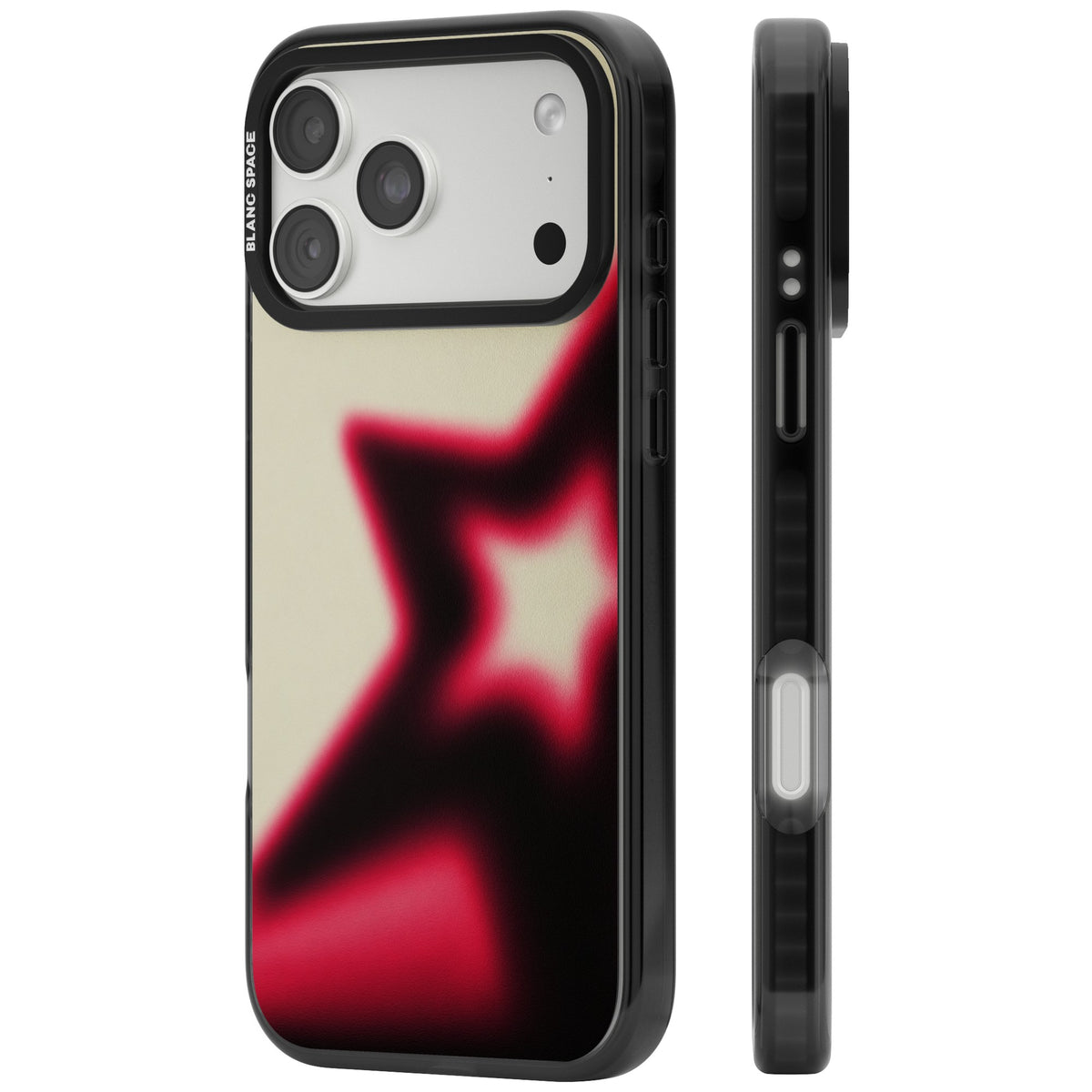 Rouge Y2K iPhone case featuring a blurred aura star in hot pink and black on a soft cream background iPhone 18 Pro Max Impact Pro Black Phone Case side