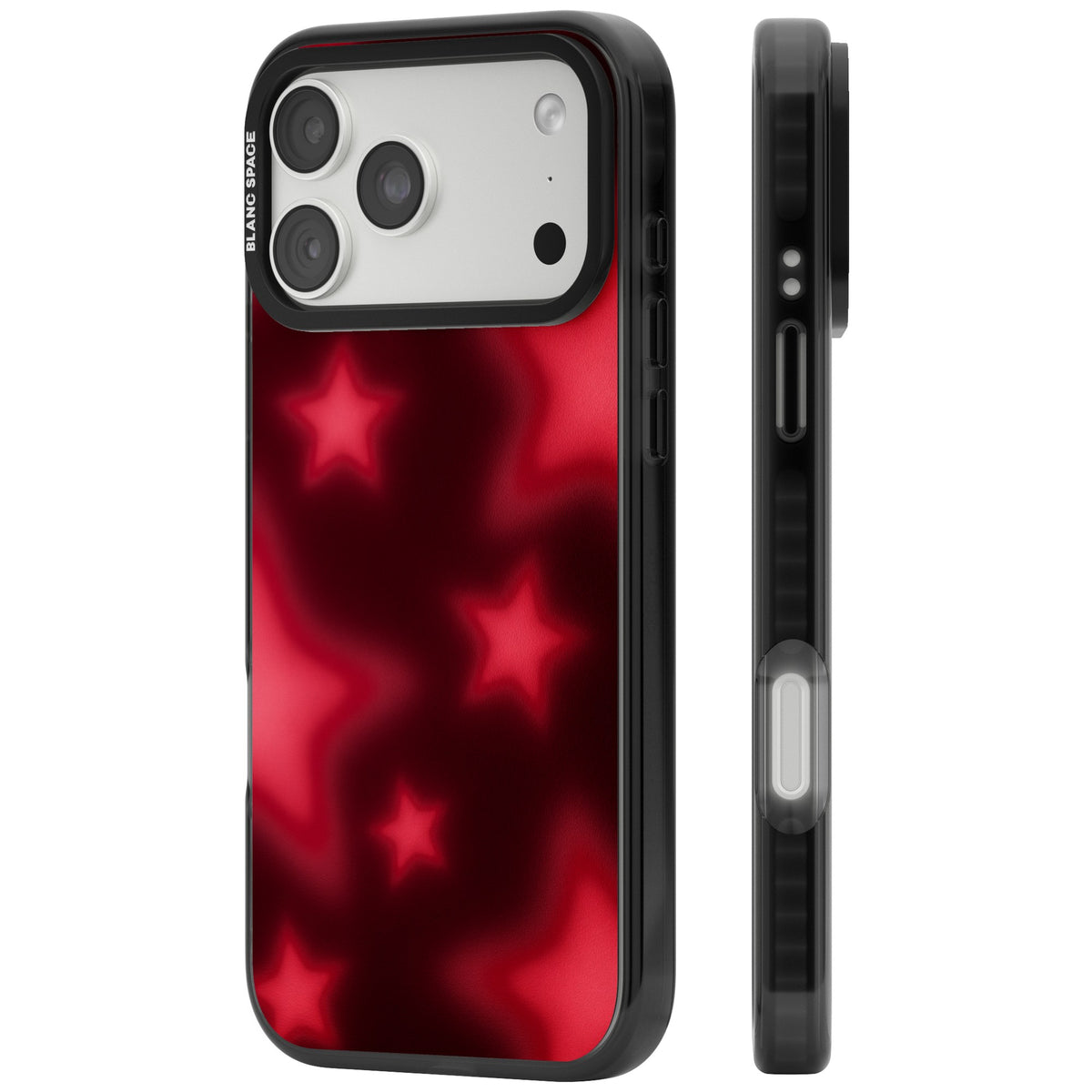 Afterglow Y2K iPhone case featuring blurred red aura stars, a dark crimson gradient and soft glowing haze iPhone 18 Pro Max Impact Pro Black Phone Case side