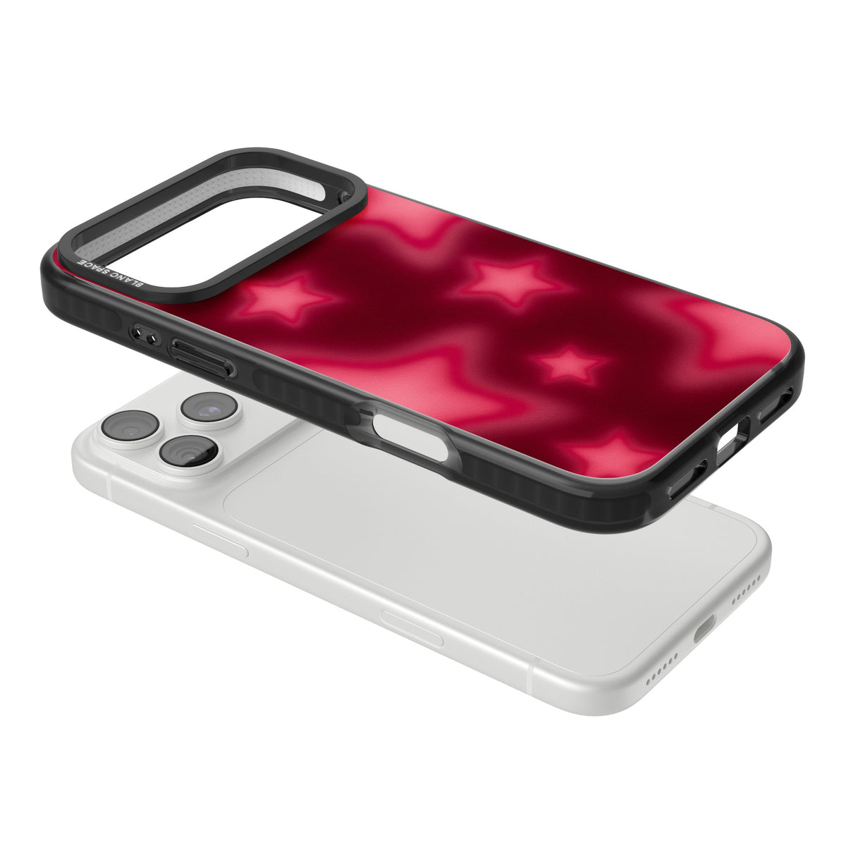 Afterglow Y2K iPhone case featuring blurred red aura stars, a dark crimson gradient and soft glowing haze iPhone 18 Pro Max Impact Pro Black Phone Case angled