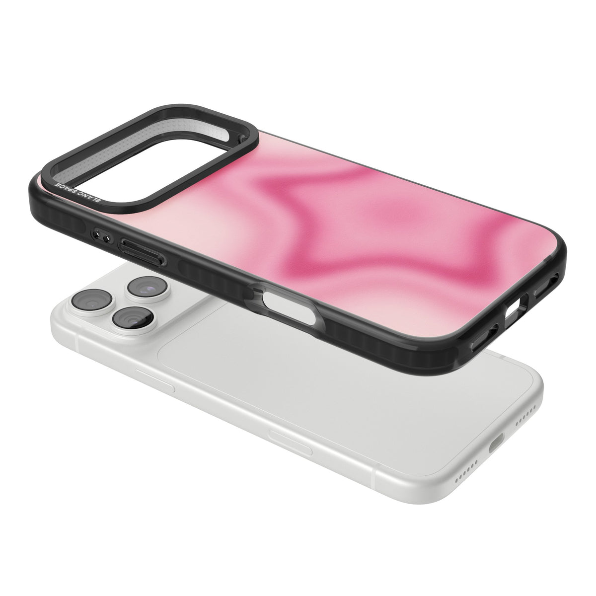 Blush pinkcore iPhone case featuring a blurred fuchsia aura star on a soft pink gradient iPhone 18 Pro Max Impact Pro Black Phone Case angled