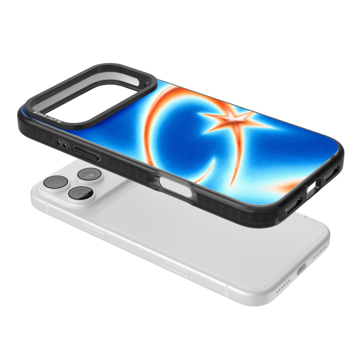 Starburn Y2K iPhone case featuring a glowing orange shooting star, sweeping comet trail and cobalt blue aura gradient iPhone 18 Pro Max Impact Pro Black Phone Case angled