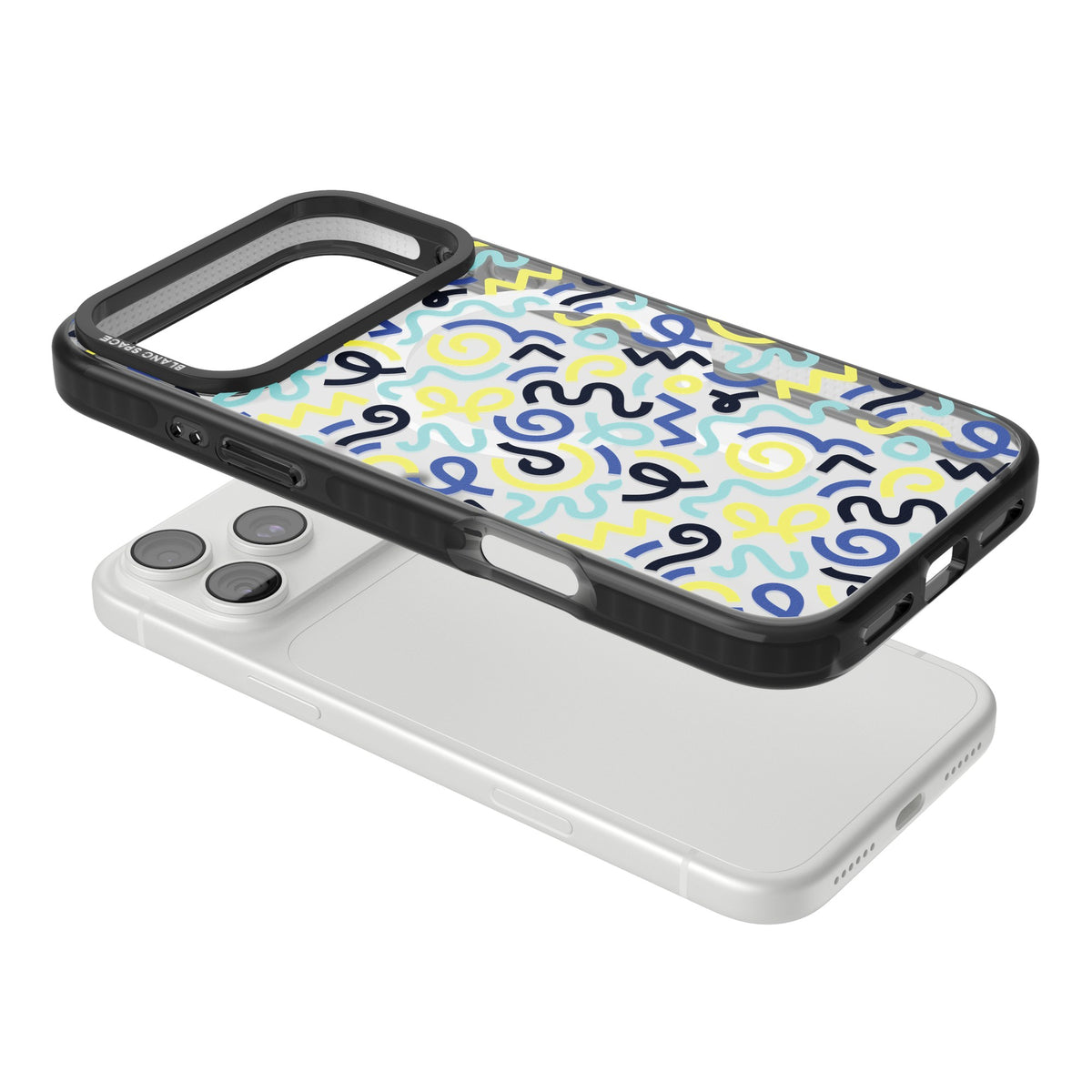 Blue & Yellow Memphis Retro iPhone 18 Pro Max Impact Pro Black Phone Case angled