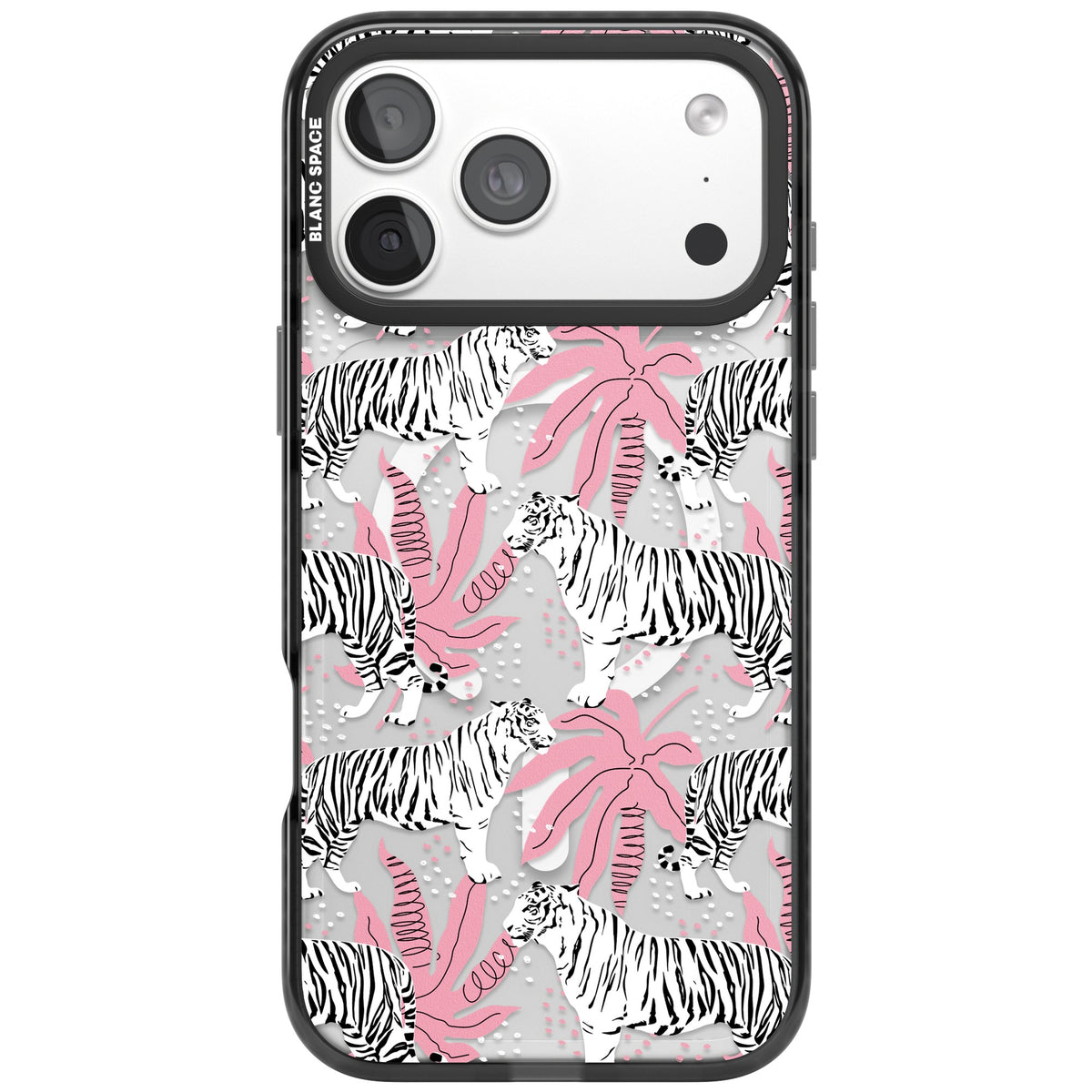 Pink & White Tropical Tigers iPhone 18 Pro Max Impact Pro Black Phone Case front