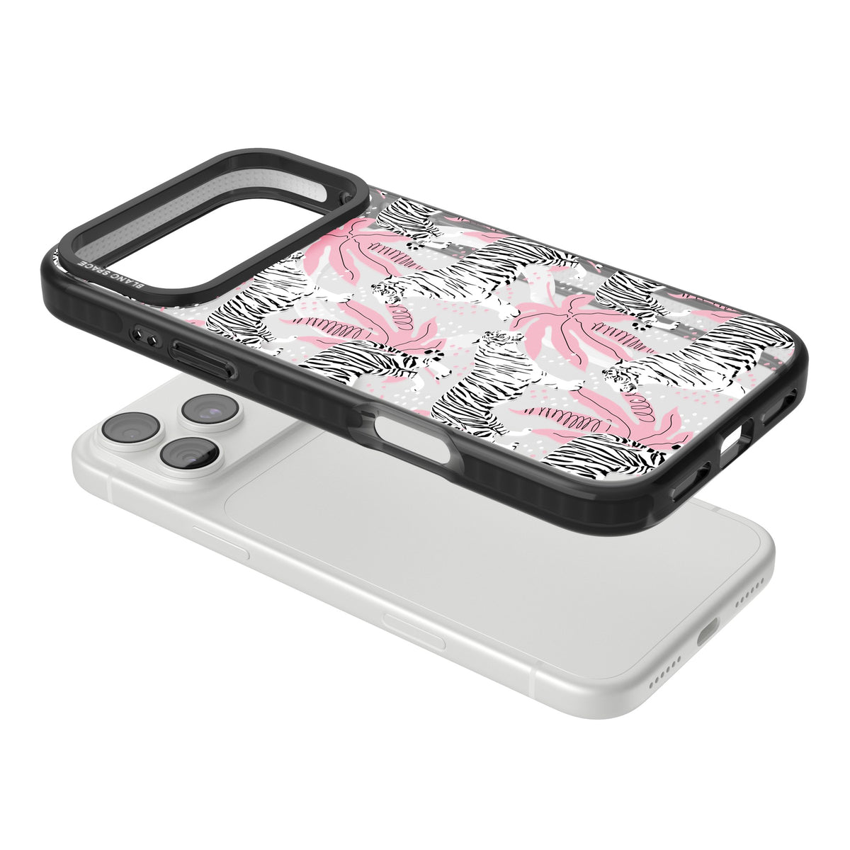 Pink & White Tropical Tigers iPhone 18 Pro Max Impact Pro Black Phone Case angled