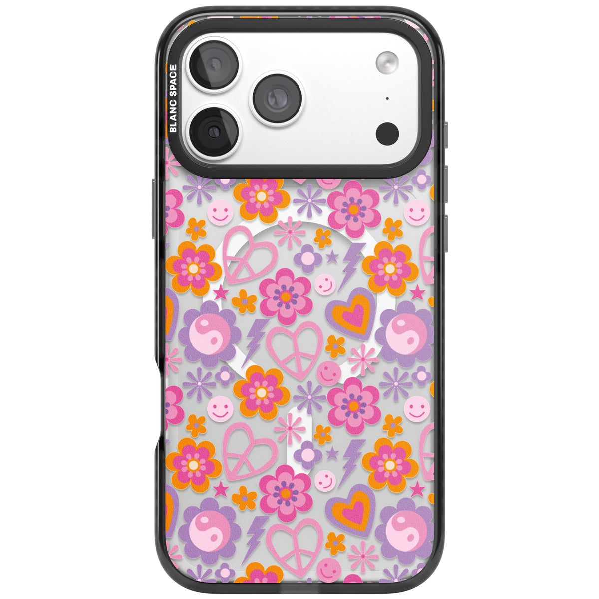 Peace, Love And Flowers Pattern iPhone 18 Pro Max Impact Pro Black Phone Case front