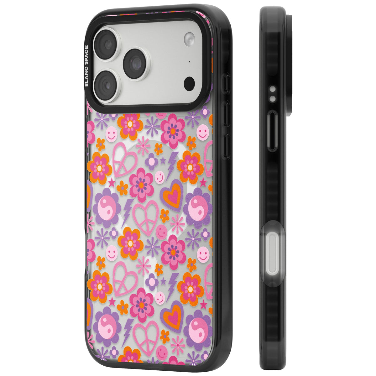 Peace, Love And Flowers Pattern iPhone 18 Pro Max Impact Pro Black Phone Case side
