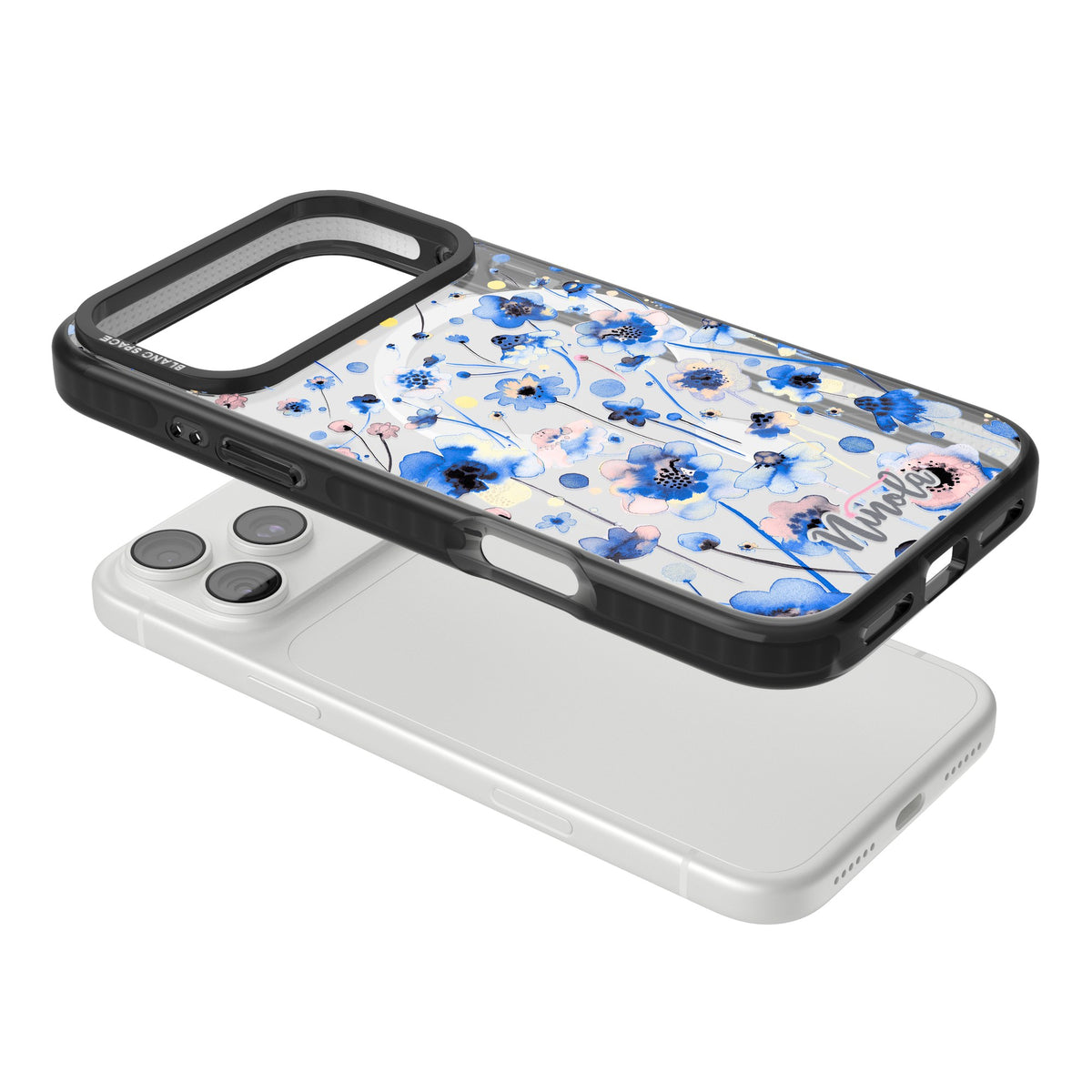 Ink Flowers Blue iPhone 18 Pro Max Impact Pro Black Phone Case angled