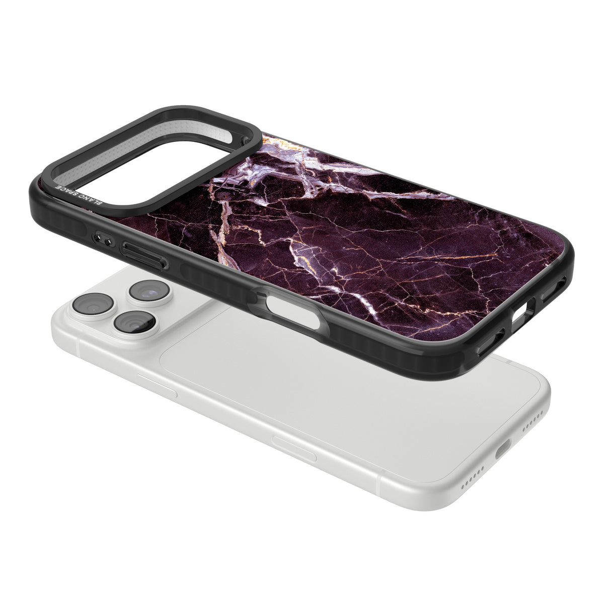Violet Shatter Marble iPhone 18 Pro Max Impact Pro Black Phone Case angled