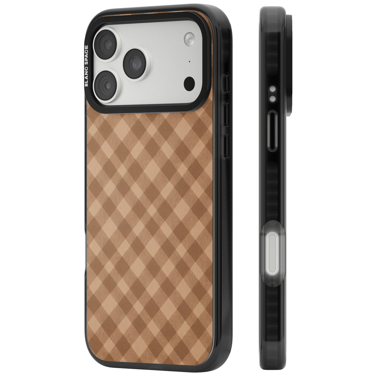 Beige Gingham cottagecore iPhone case featuring diagonal brown gingham checks in soft beige and toffee tones iPhone 18 Pro Max Impact Pro Black Phone Case side