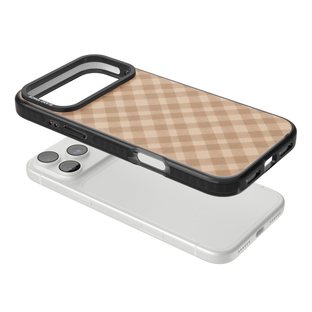 Beige Gingham cottagecore iPhone case featuring diagonal brown gingham checks in soft beige and toffee tones iPhone 18 Pro Max Impact Pro Black Phone Case angled