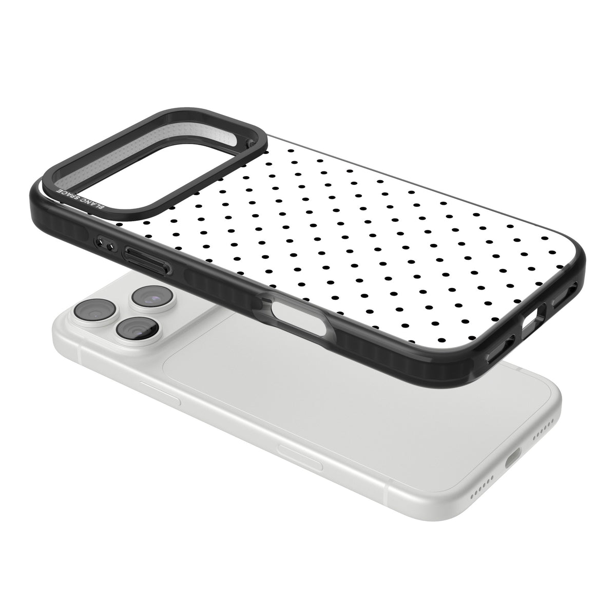Dalmatian Dots minimal iPhone case featuring small black polka dots on a crisp white background with bold black edges iPhone 18 Pro Max Impact Pro Black Phone Case angled