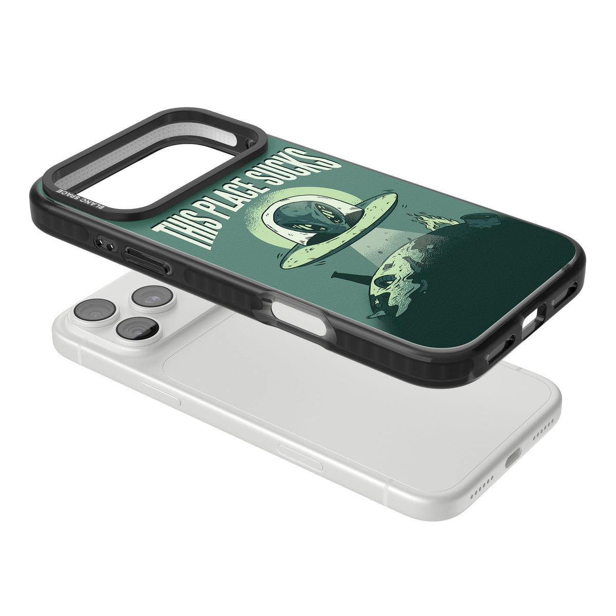 Earth Sucks iPhone 18 Pro Max Impact Pro Black Phone Case angled