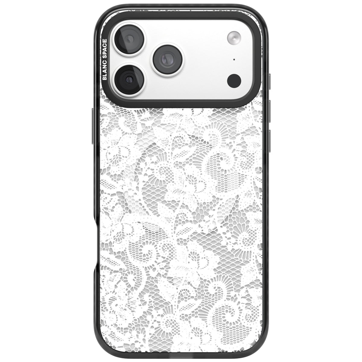White Lace coquette iPhone case featuring white floral lace, paisley swirls and delicate mesh on clear iPhone 18 Pro Max Impact Pro Black Phone Case front